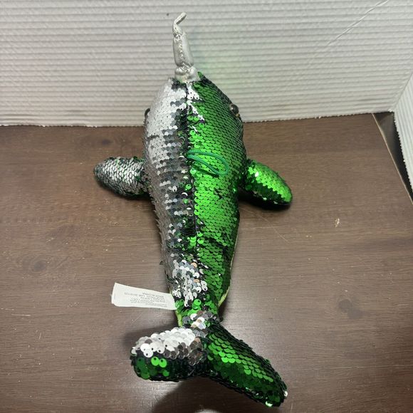 Reversible Sequin Narwhal Plush Green Silver Stuffed Animal Toy Flip Sparkle! - Picture 5 of 8